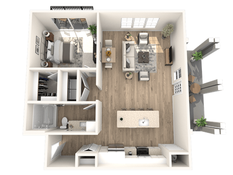Floor plan for 1 bed, 1 bath, 961 sqft